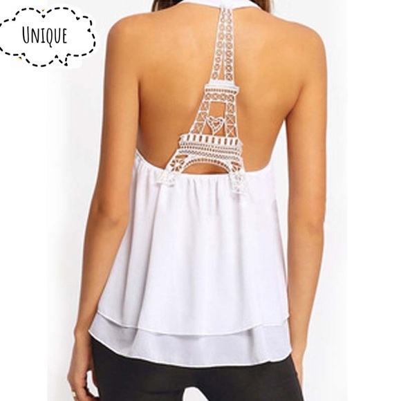 None Tops - White fancy tank top with Eiffel Tower lace back